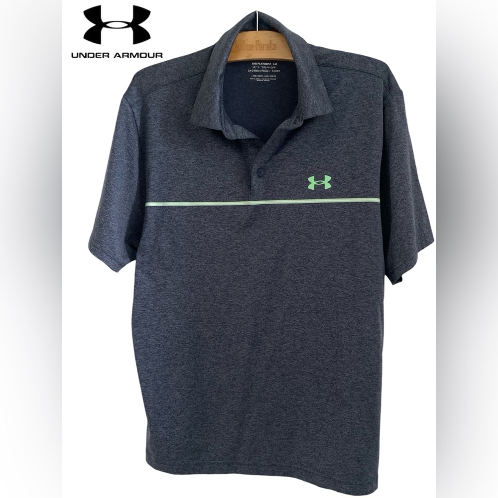 🩵Under Armour Men's Heather Charcoal Polo with Mint Stripe